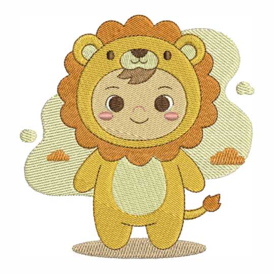 Matriz para bordado bebê vestido de leão fofinho para máquinas eletrônicas.
